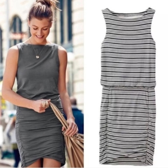 Athleta Women's Tulip Ruched Black Cream Stripe Sleeveless Dress Sz Large Petite - Picture 1 of 7